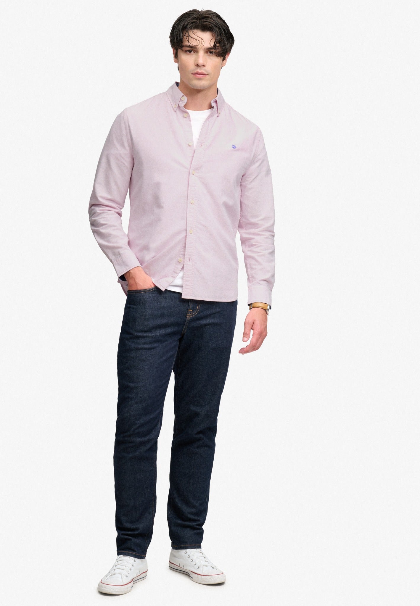 Superdry Preppy Oxford Long Sleeve Shirt in Blush Pink Chambray angled view on model