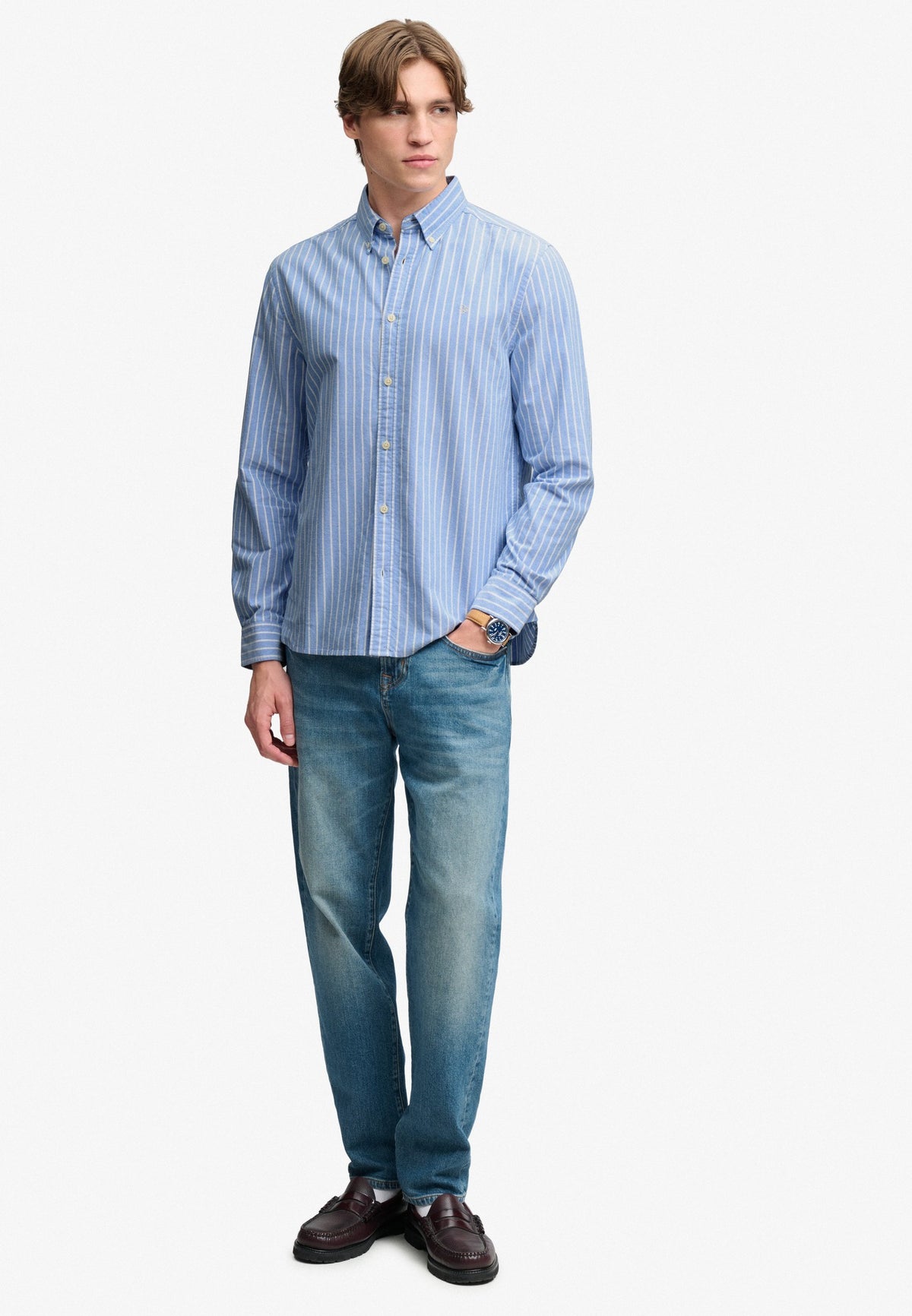 Superdry Preppy Oxford Long Sleeve Shirt in Broker Blue Stripe full length view
