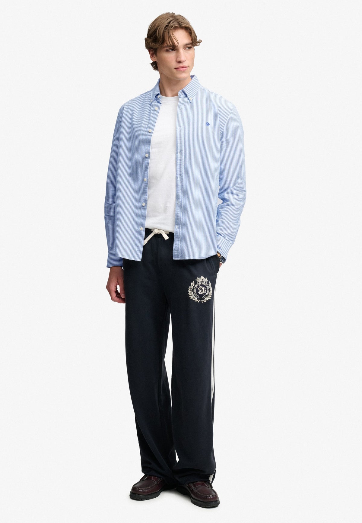 Superdry Preppy Oxford Long Sleeve Shirt in Azure Blue Chalk Stripe full length view