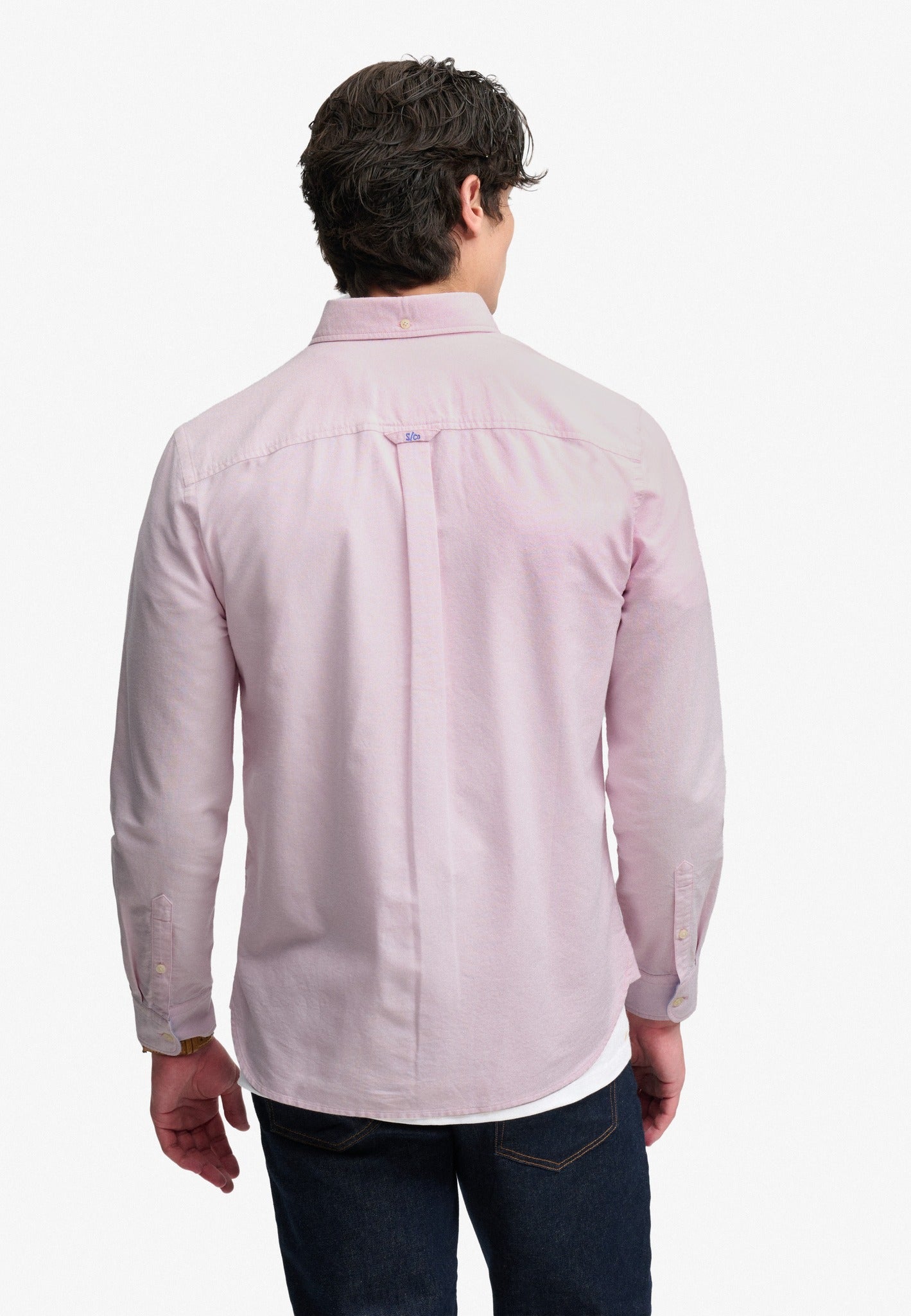 Superdry Preppy Oxford Long Sleeve Shirt in Blush Pink Chambray back view on model