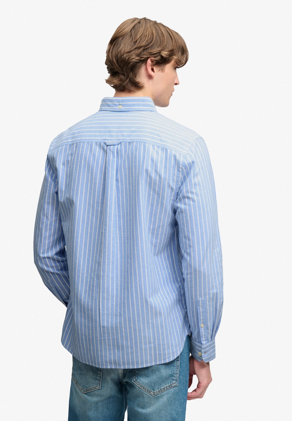 Superdry Preppy Oxford Long Sleeve Shirt in Broker Blue Stripe back view on model