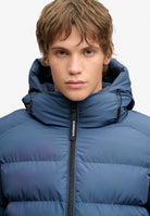 Superdry Hooded Sports Puffer Jacket in Altitude Blue hood and zip detail