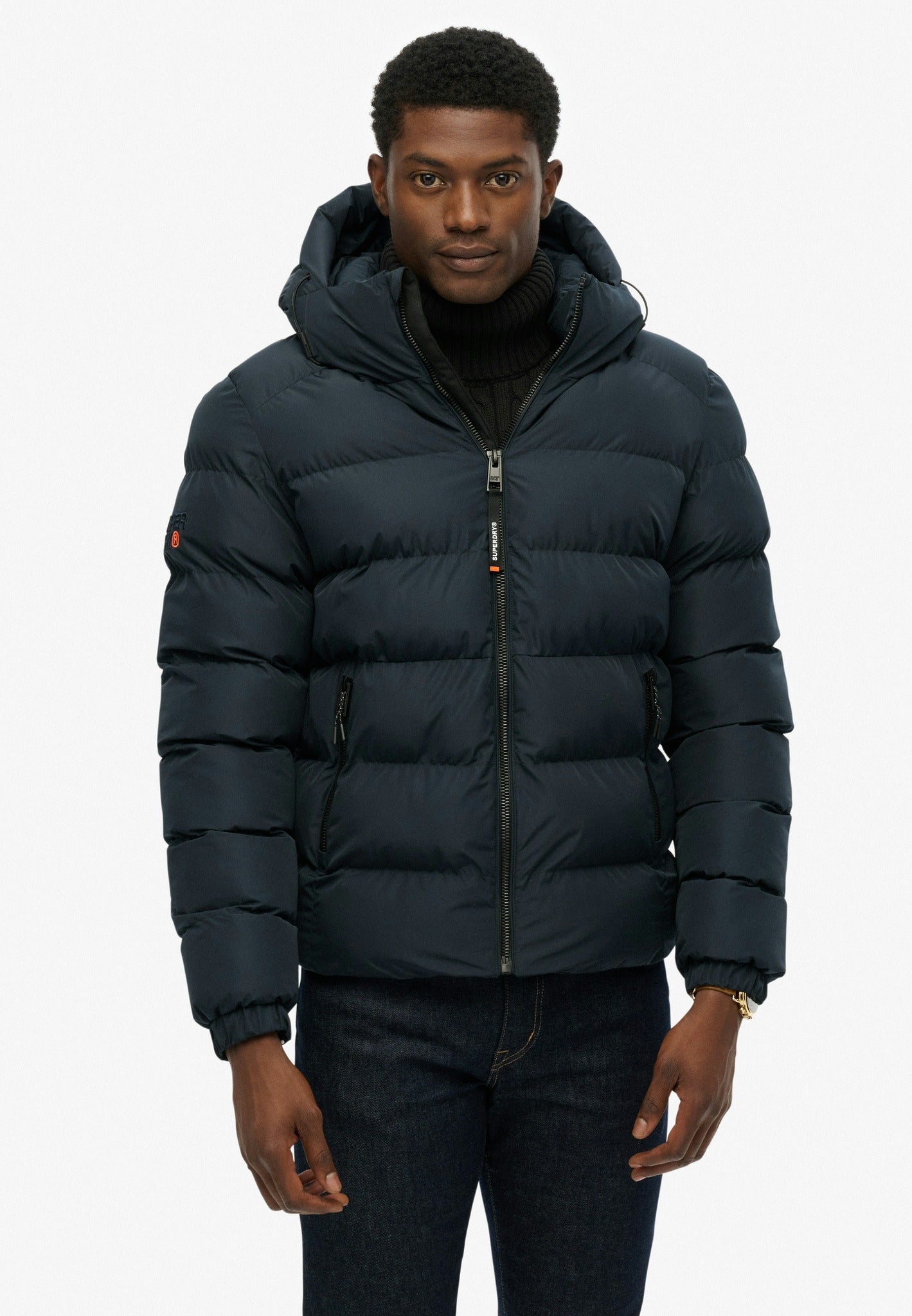 Superdry Hooded Sports Puffer Jacket - Eclipse Navy in Eclipse Navy/Eclipse Navy half model view