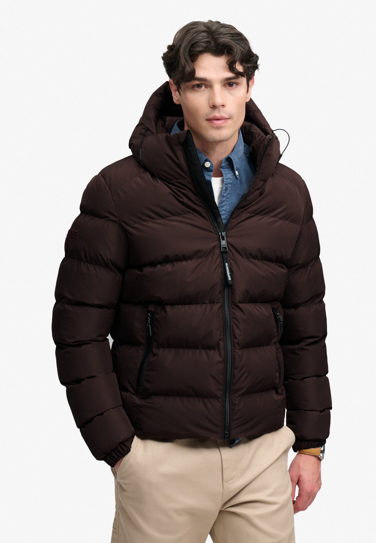 Superdry Hooded Sports Puffer Jacket in Peak Dark Plum on model