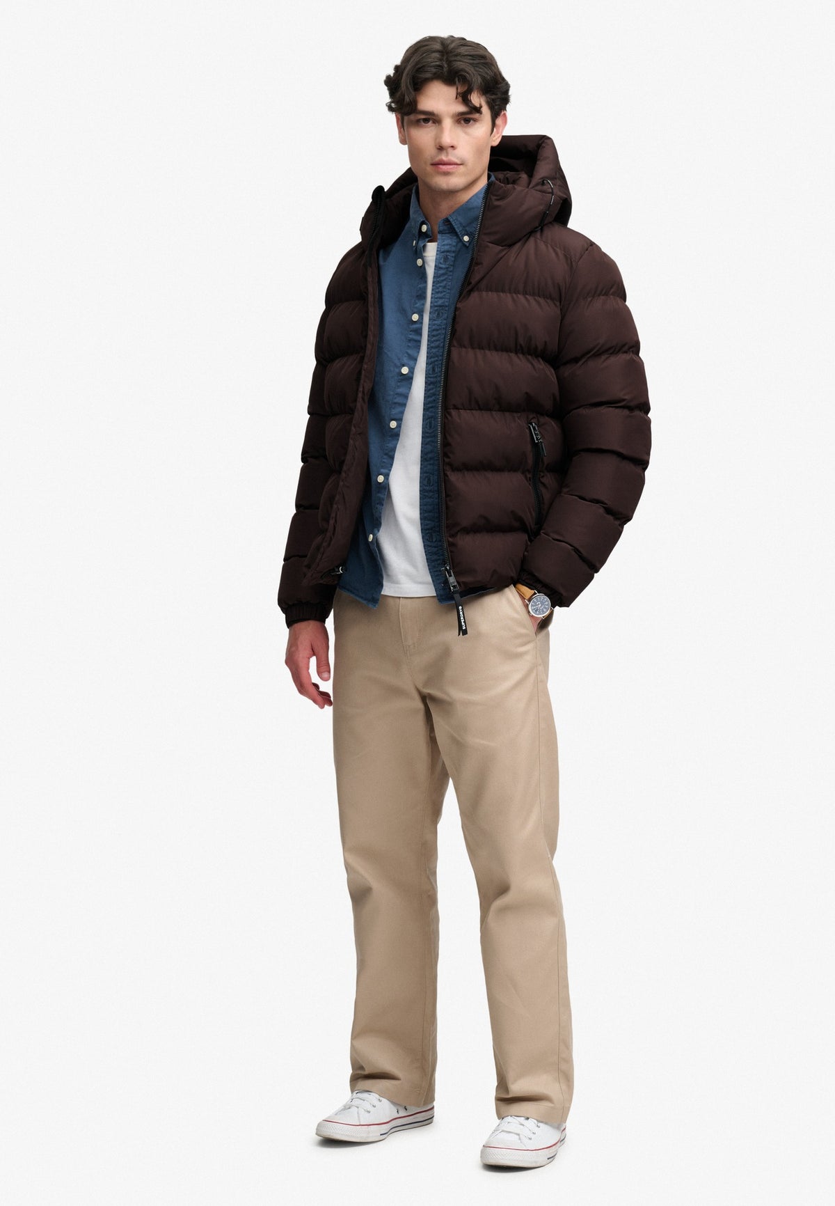 Superdry Hooded Sports Puffer Jacket in Peak Dark Plum full length view