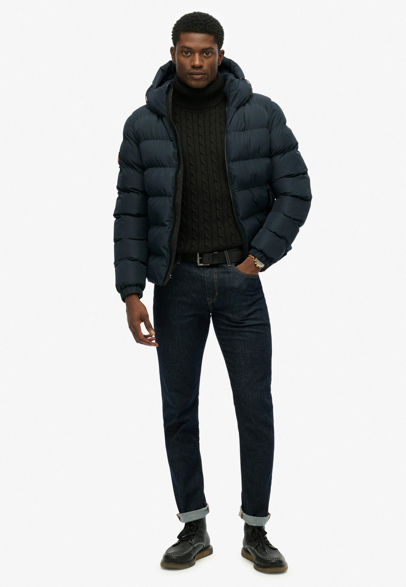 Superdry Hooded Sports Puffer Jacket - Eclipse Navy in Eclipse Navy/Eclipse Navy full length model view
