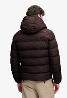 Superdry Hooded Sports Puffer Jacket in Peak Dark Plum back view on model