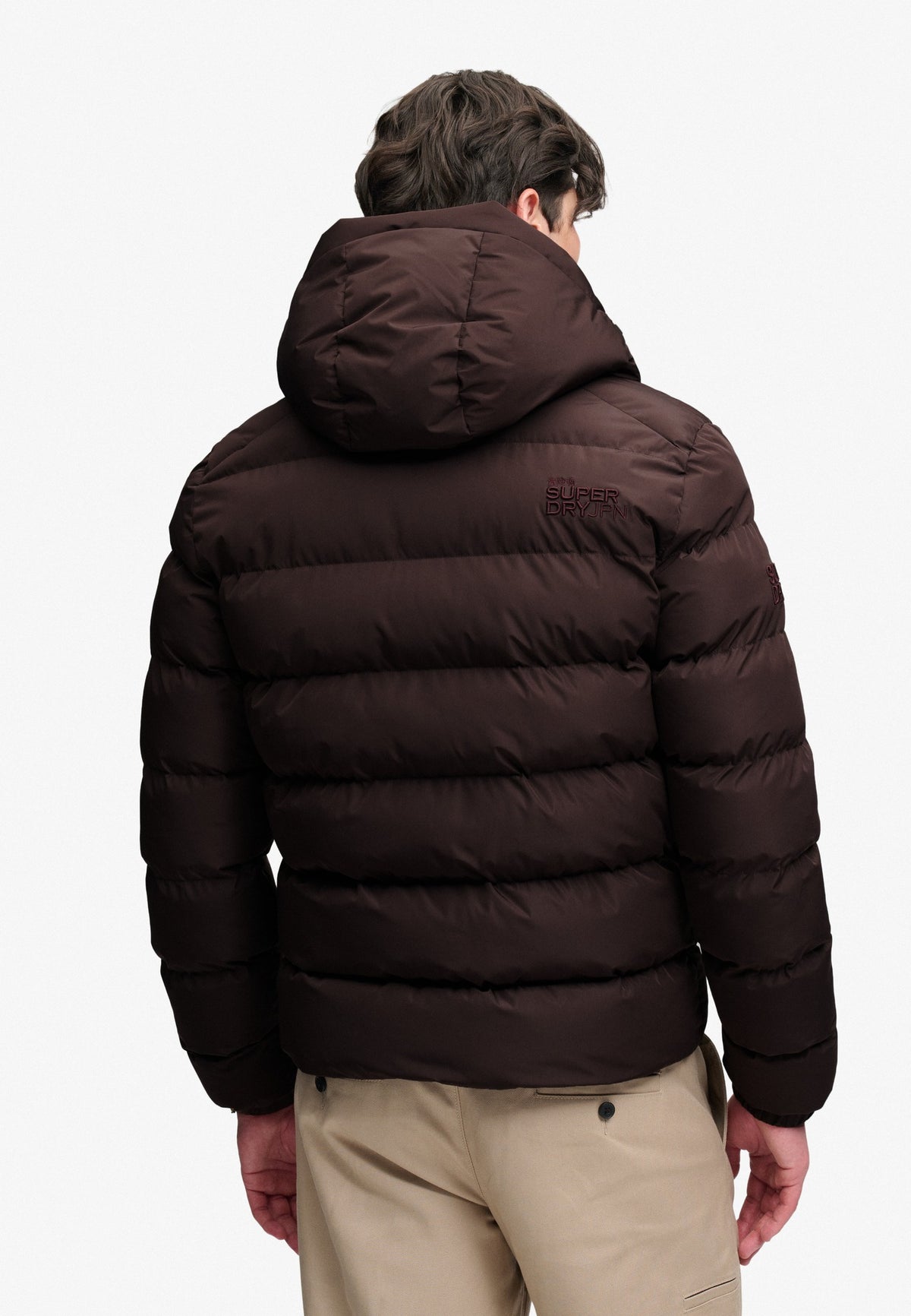 Superdry Hooded Sports Puffer Jacket in Peak Dark Plum back view on model