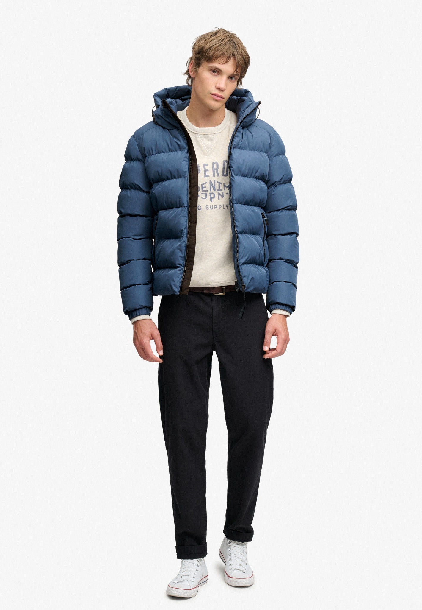 Superdry Hooded Sports Puffer Jacket in Altitude Blue full length model view