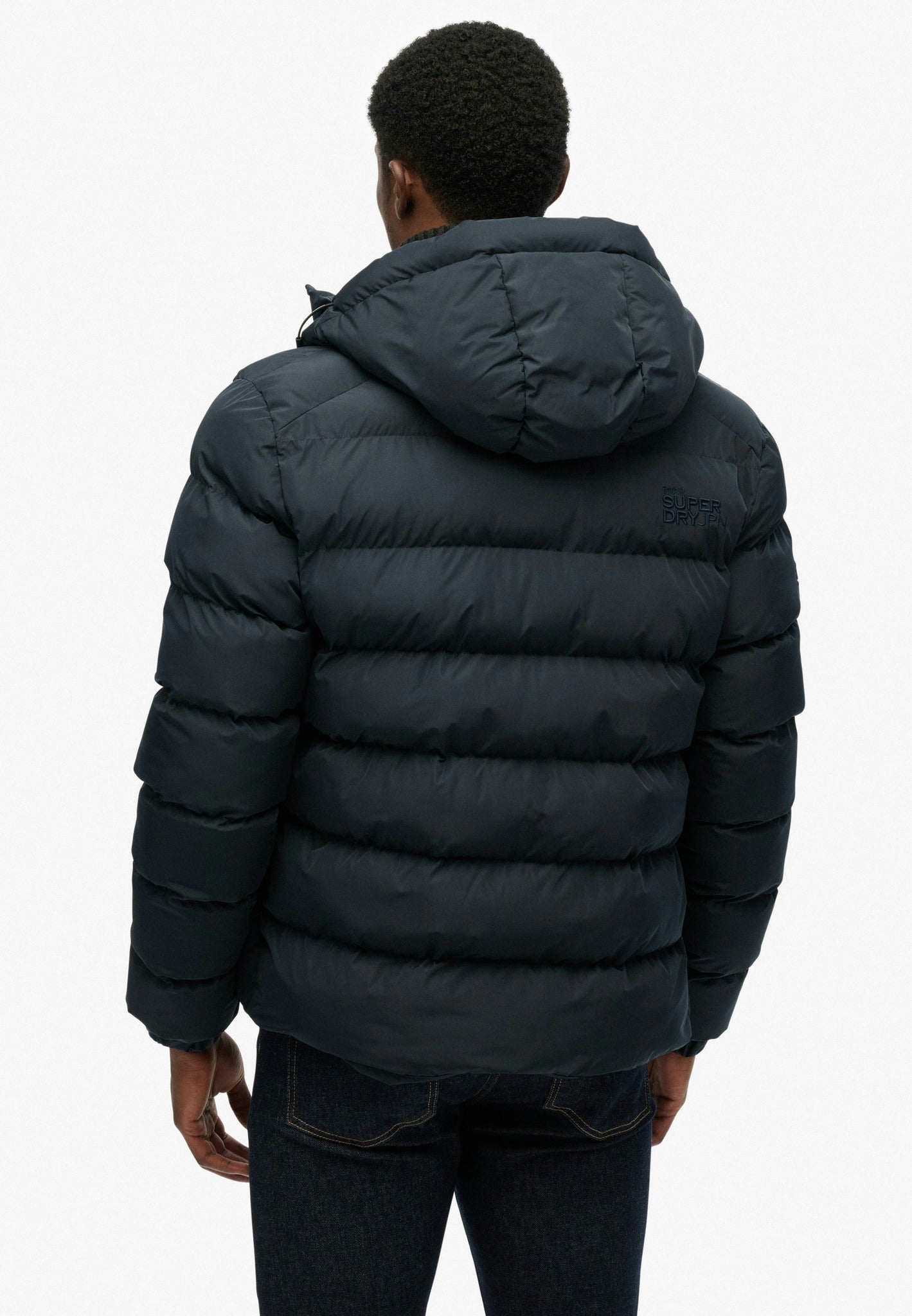 Superdry Hooded Sports Puffer Jacket - Eclipse Navy in Eclipse Navy/Eclipse Navy back model view