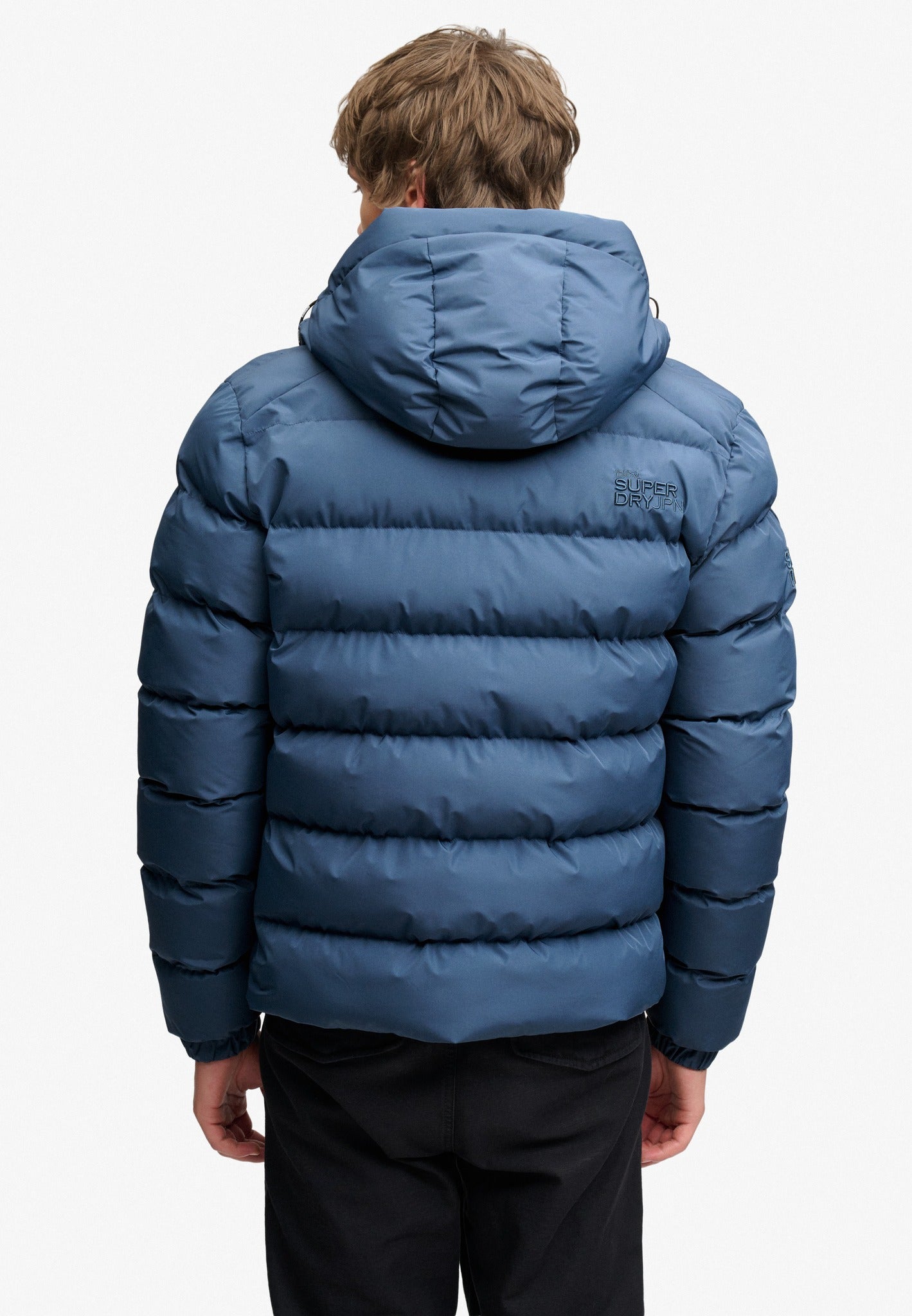 Superdry Hooded Sports Puffer Jacket in Altitude Blue back model view