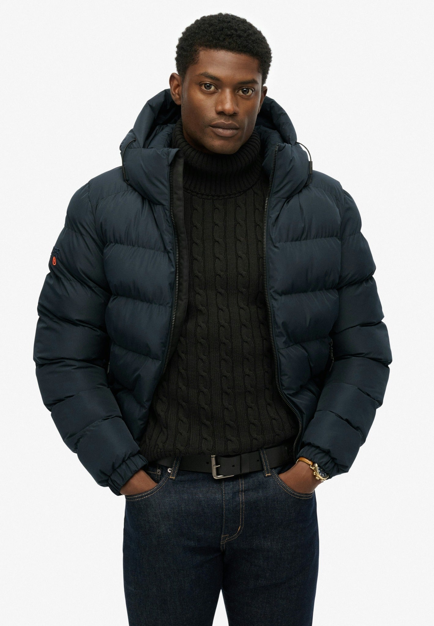 Superdry Hooded Sports Puffer Jacket - Eclipse Navy in Eclipse Navy/Eclipse Navy angled model view