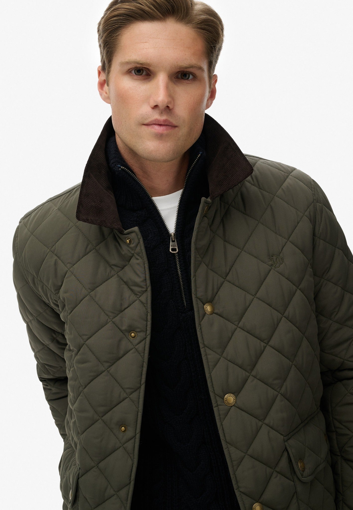Superdry Quilted Estate Coach Jacket in Army Khaki on model angled view