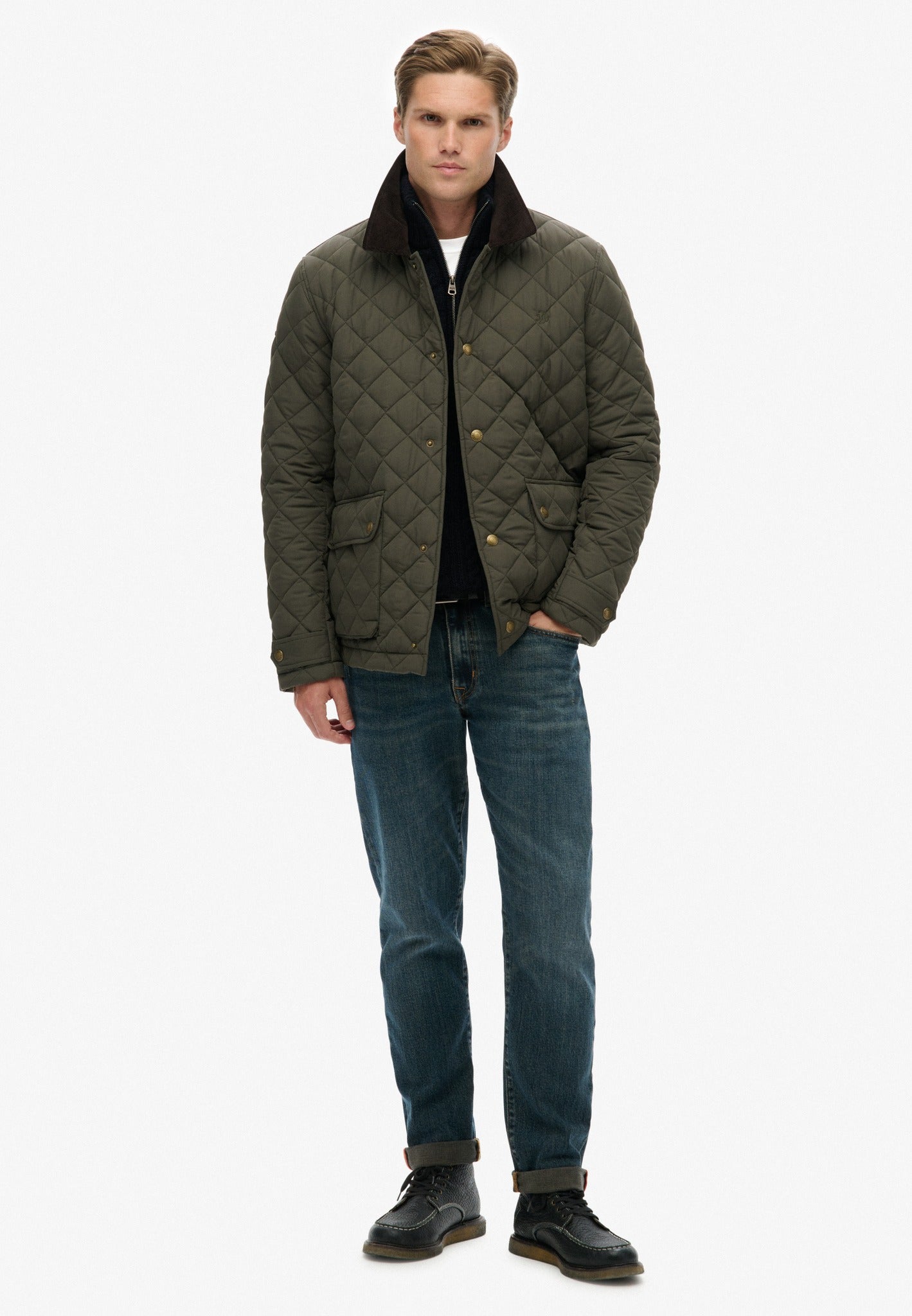 Superdry Quilted Estate Coach Jacket in Army Khaki angled view on model
