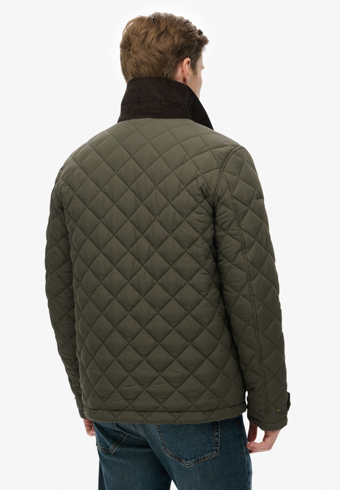 Superdry Quilted Estate Coach Jacket in Army Khaki back view on model