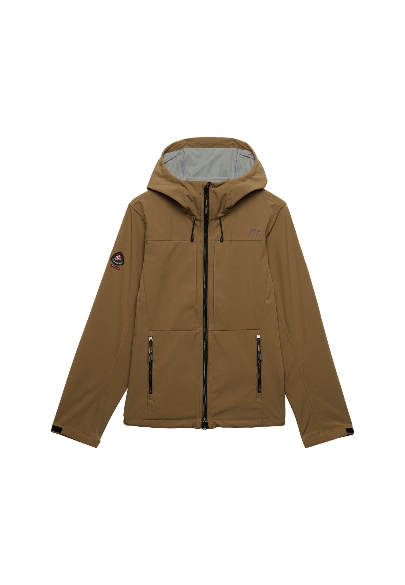 Superdry Hooded Softshell Trekker Jacket in Peak Sands Beige angled view