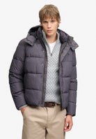 Superdry Premium Hood Puffer Jacket in Grey Marl on model