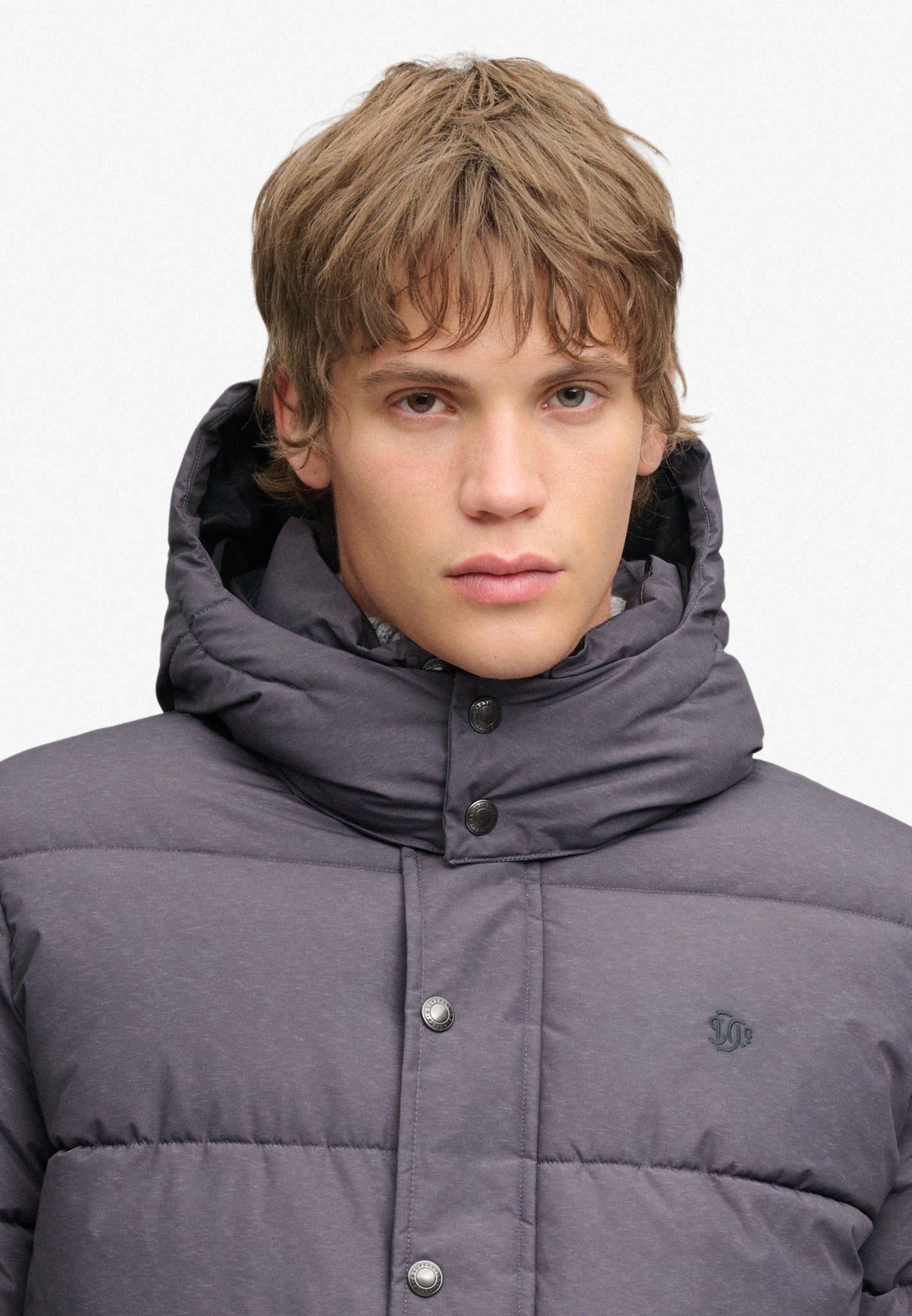 Superdry Premium Hood Puffer Jacket in Grey Marl upper body view