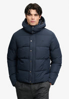 Superdry Premium Hood Puffer Jacket in Eclipse Navy angled model view