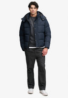 Superdry Premium Hood Puffer Jacket in Eclipse Navy full length model view