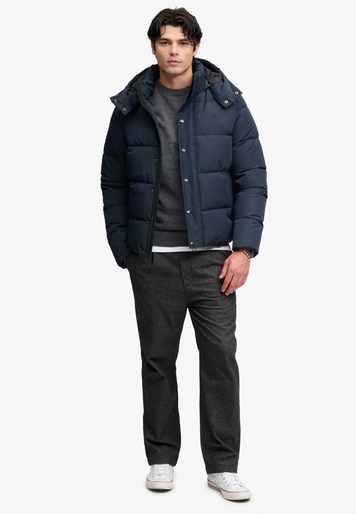 Superdry Premium Hood Puffer Jacket in Eclipse Navy full length model view