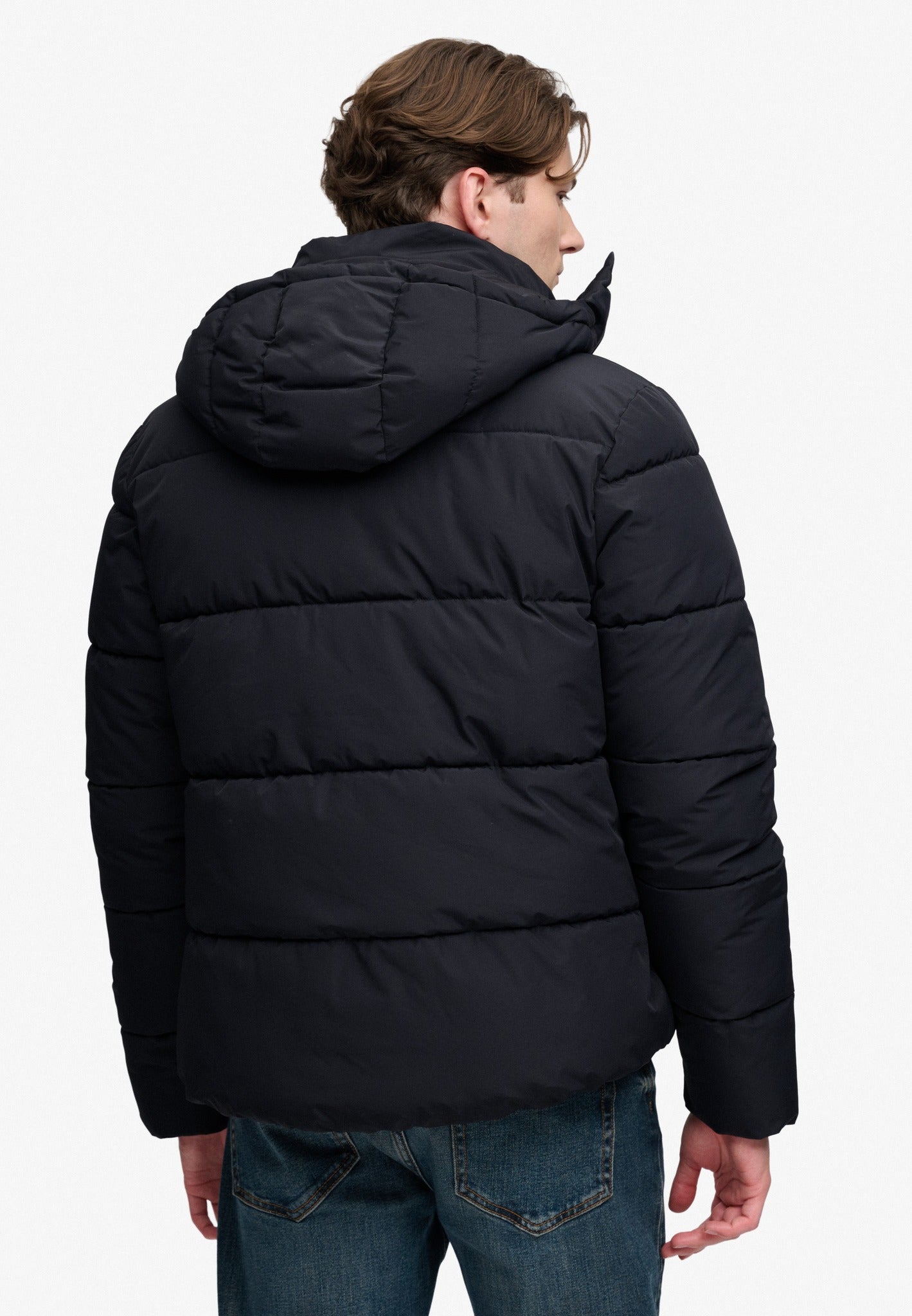 Superdry Premium Hood Puffer Jacket in Black back model view