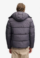 Superdry Premium Hood Puffer Jacket in Grey Marl back view on model