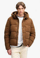 Superdry Premium Hood Cord Puffer Jacket in Dark Tobacco Brown on model