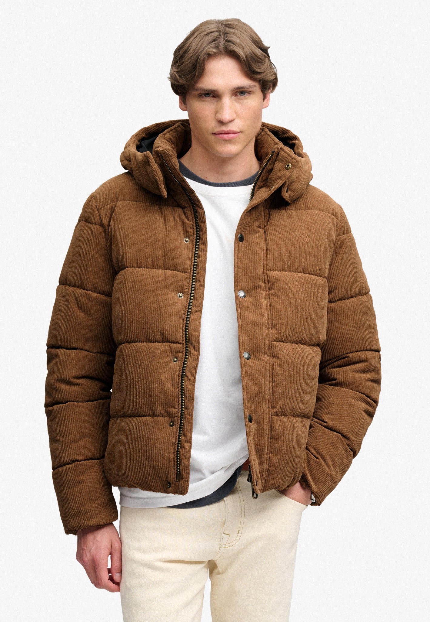 Superdry Premium Hood Cord Puffer Jacket in Dark Tobacco Brown on model