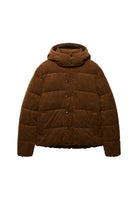 Superdry Premium Hood Cord Puffer Jacket in Dark Tobacco Brown angled view