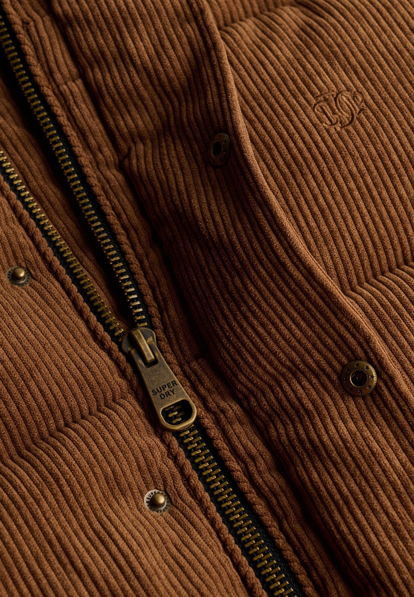 Superdry Premium Hood Cord Puffer Jacket in Dark Tobacco Brown cord fabric and zip detail