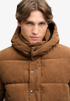 Superdry Premium Hood Cord Puffer Jacket in Dark Tobacco Brown hood detail