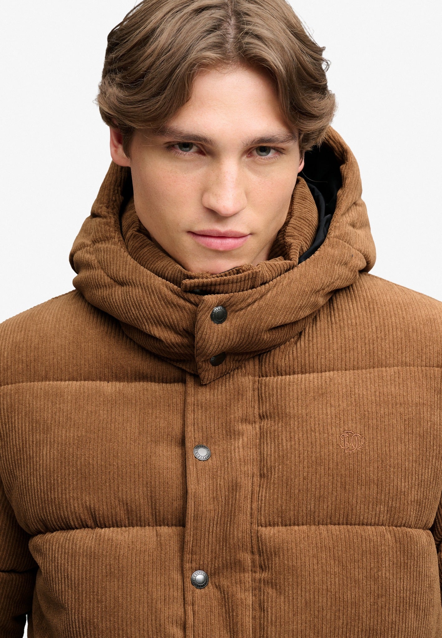 Superdry Premium Hood Cord Puffer Jacket in Dark Tobacco Brown hood detail