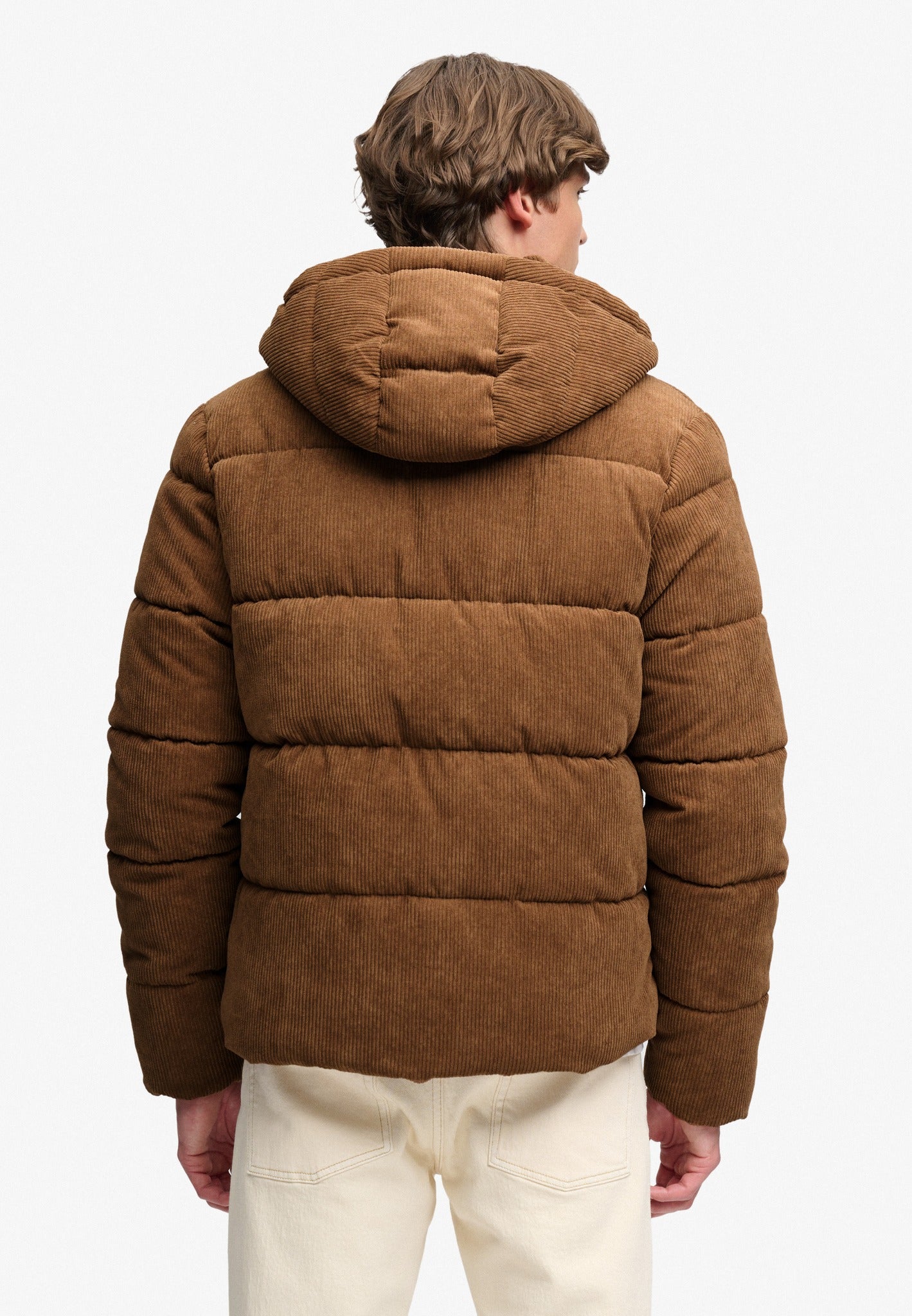 Superdry Premium Hood Cord Puffer Jacket in Dark Tobacco Brown back view on model
