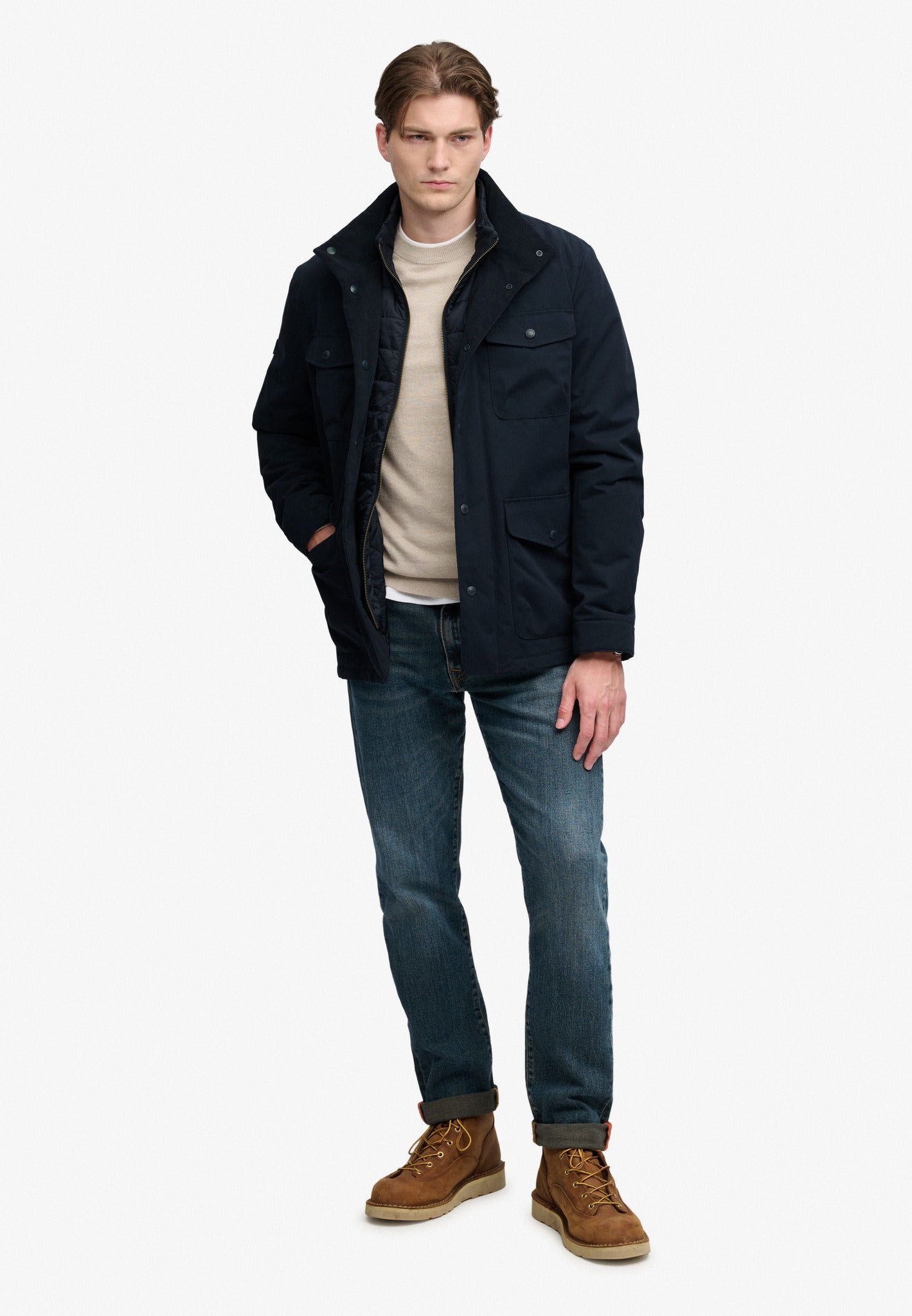 Superdry 2 In 1 Burford Jacket in Eclipse Navy full length model view