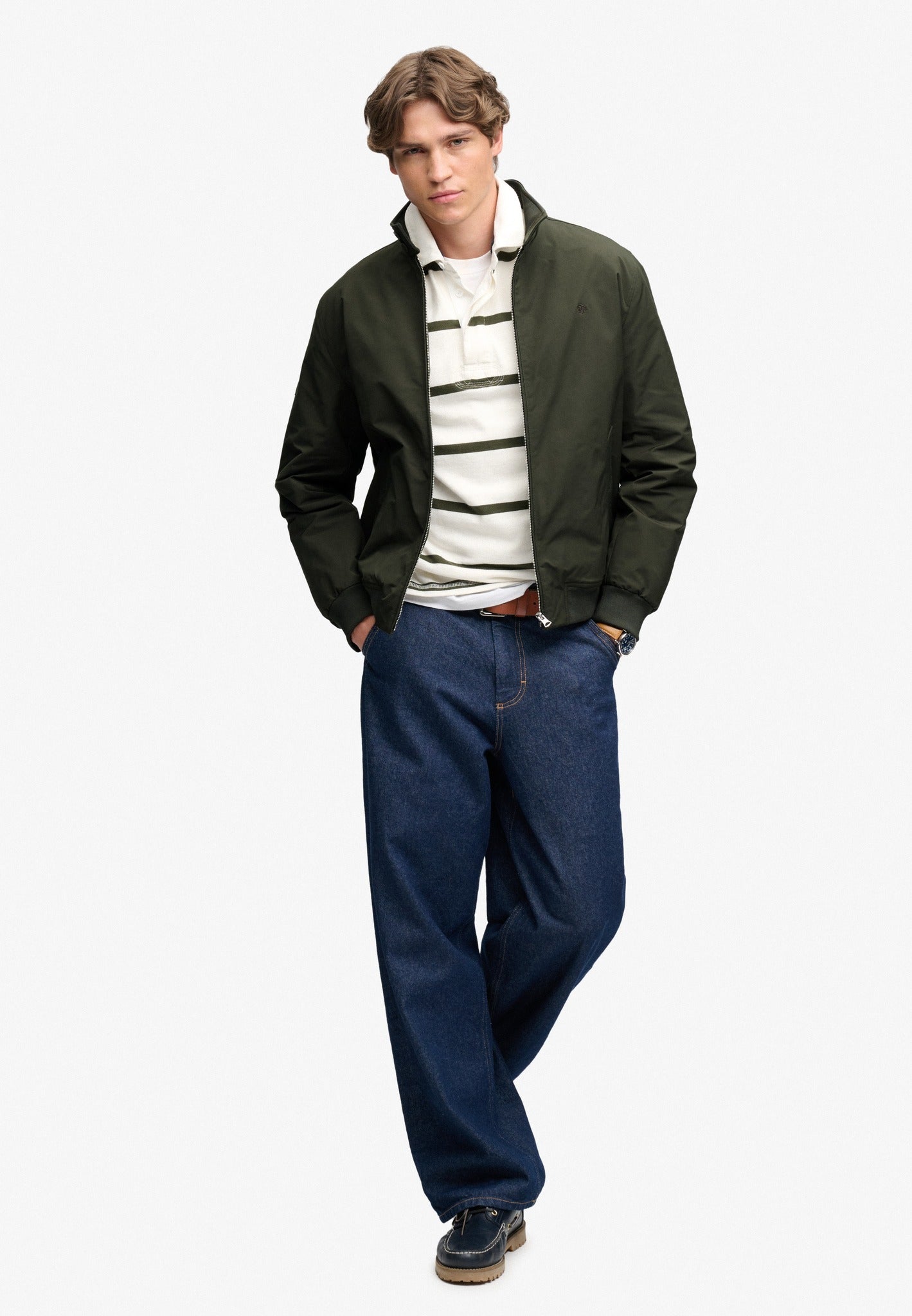 Superdry Campus Padded Harrington Jacket in Surplus Goods Olive Green full length model view