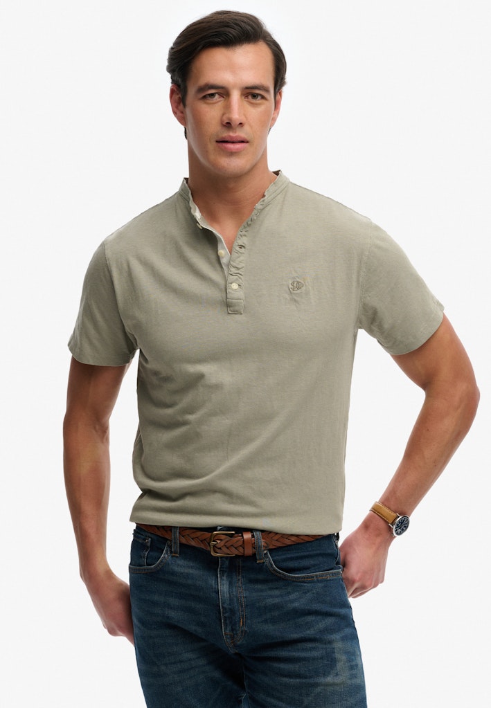 SUPERDRY Classic Cotton Linen Short Sleeve Grandad light khaki green shirt front view