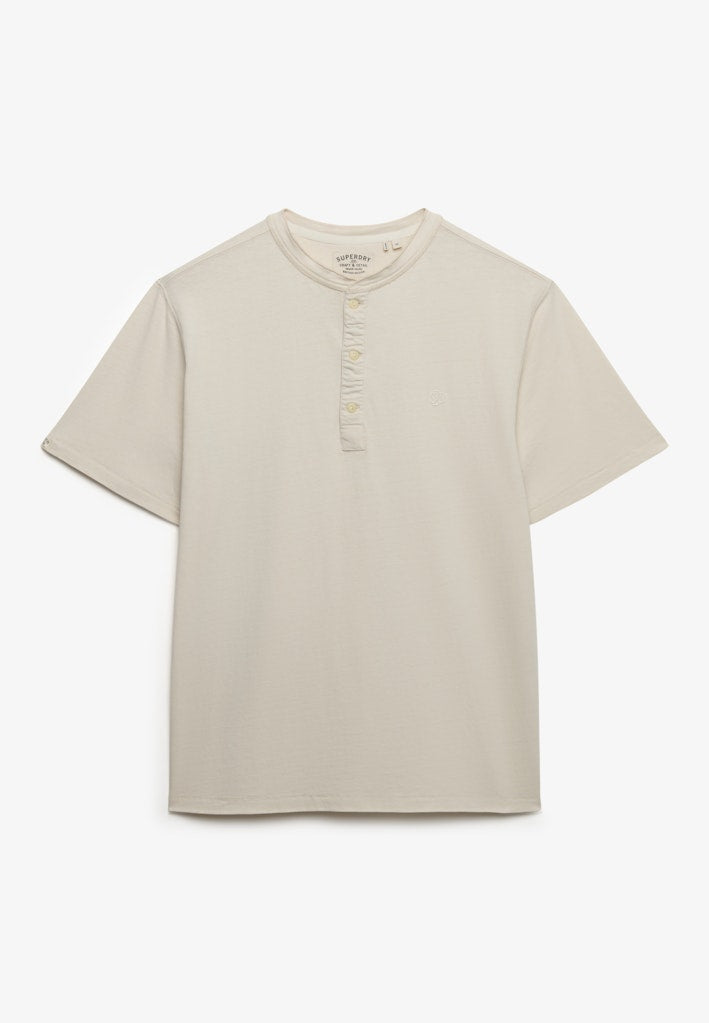 SUPERDRY Classic Cotton Linen Short Sleeve Grandad natural ecru t-shirt front view with button placket detail