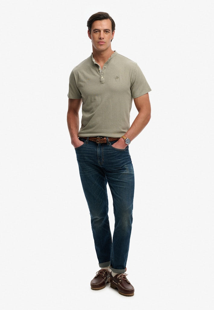 SUPERDRY Classic Cotton Linen Short Sleeve Grandad-Light Khaki Green Light Khaki Green model front view