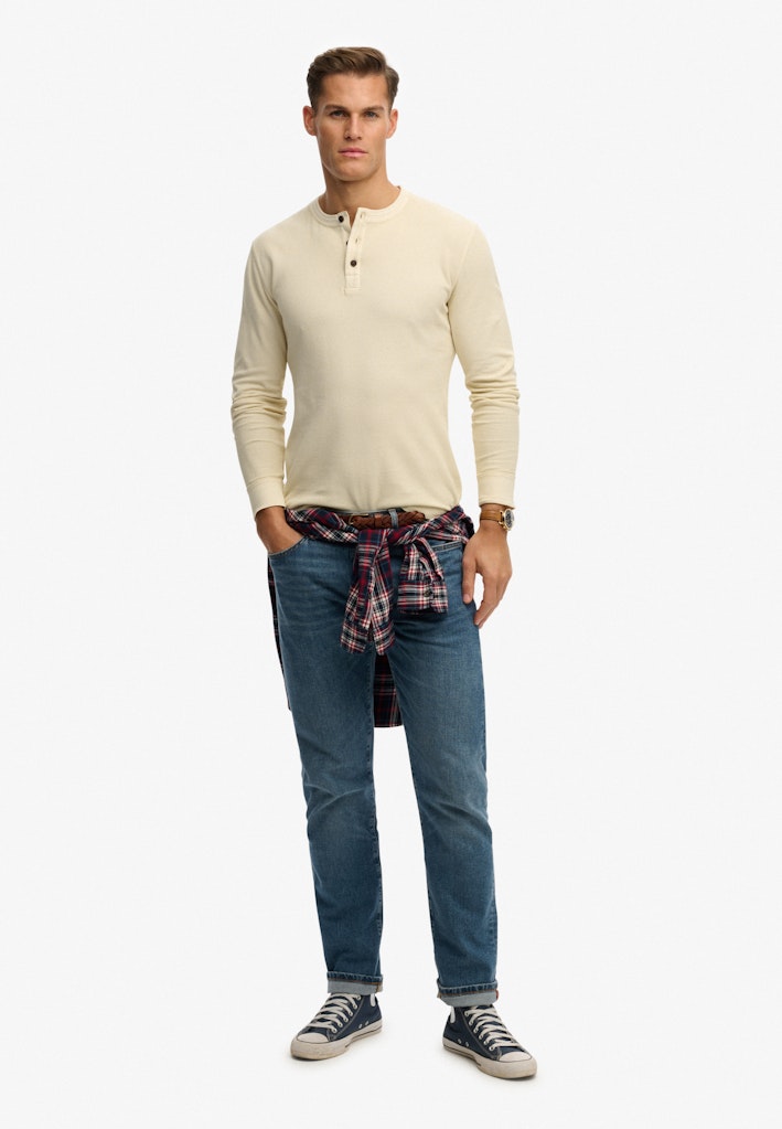 SUPERDRY Lightweight Textured Grandad Top-Oatmeal Beige Oatmeal Beige model front view