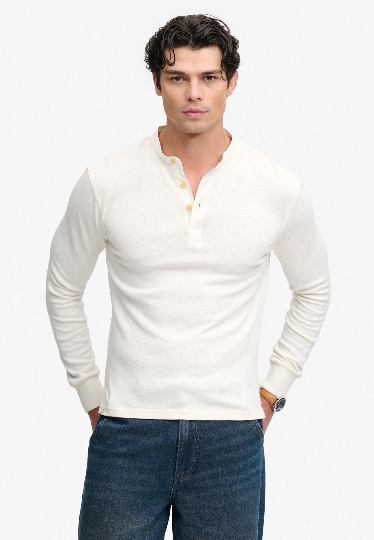 Superdry Woven Placket Grandad Top in Bone White front view