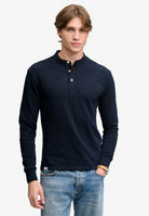 Superdry Woven Placket Grandad Top in Deep Navy on model