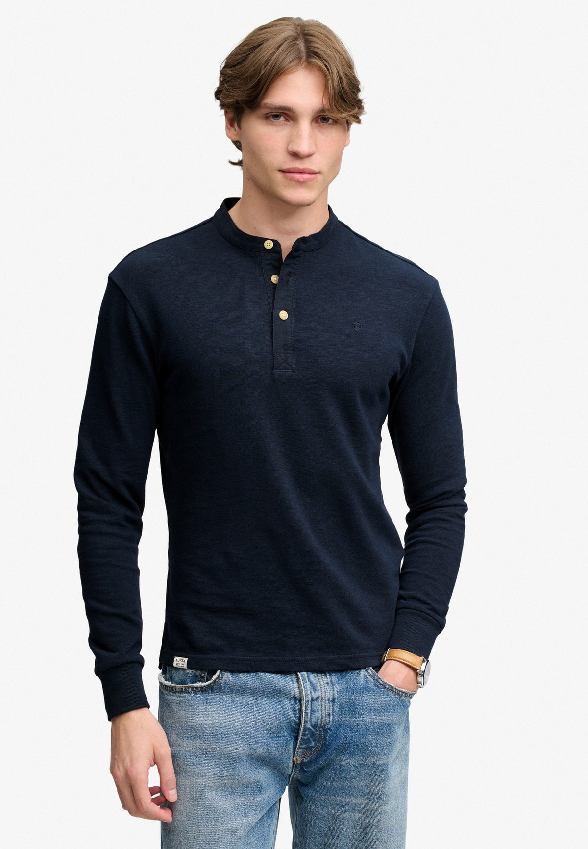 Superdry Woven Placket Grandad Top in Deep Navy on model