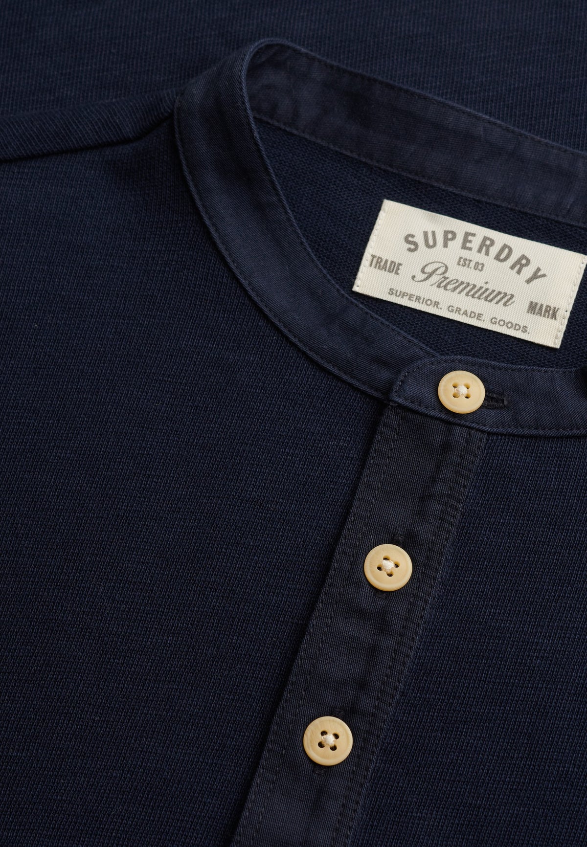 Superdry Woven Placket Grandad Top in Deep Navy button placket detail