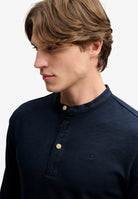 Superdry Woven Placket Grandad Top in Deep Navy grandad collar placket detail