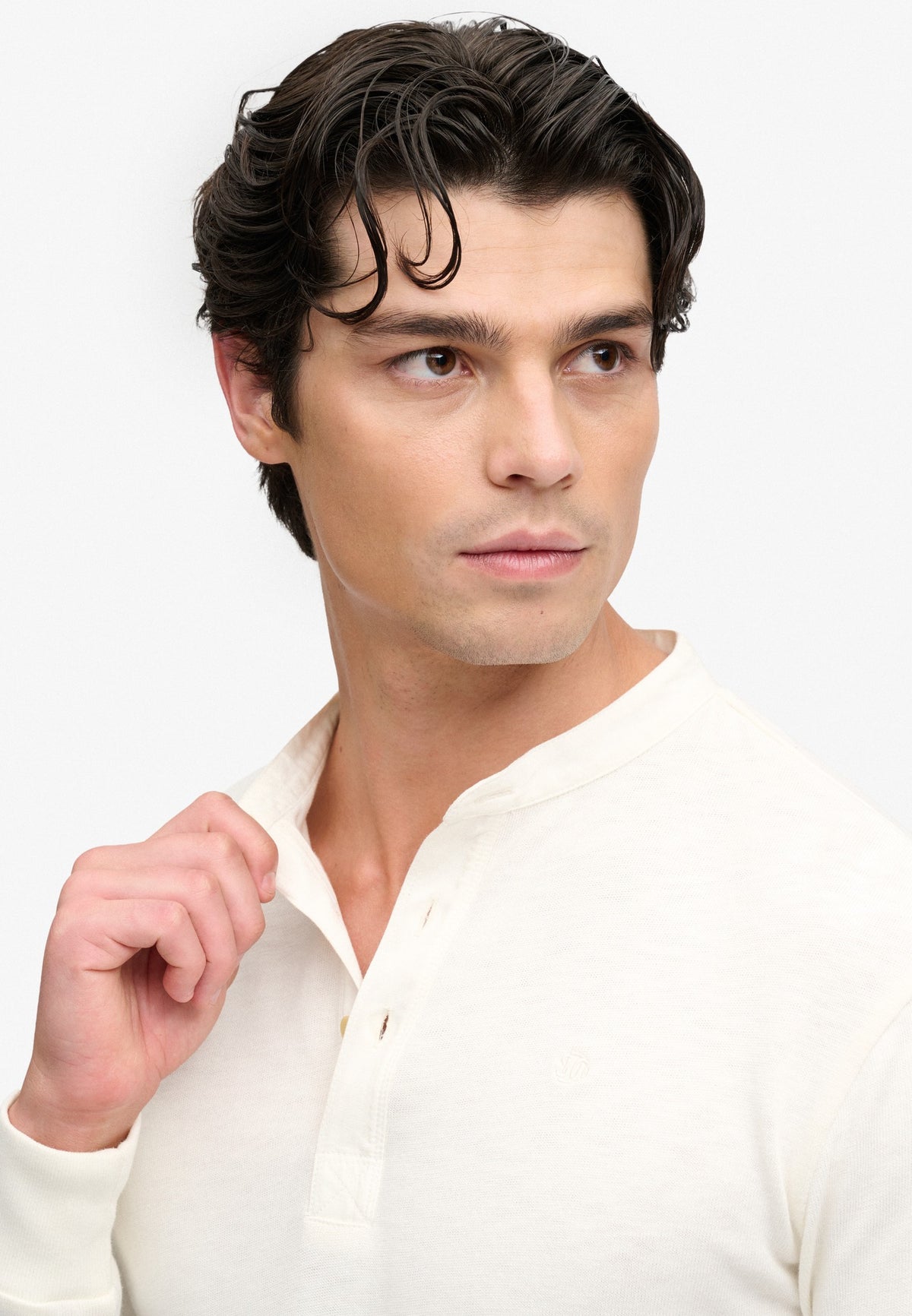 Superdry Woven Placket Grandad Top in Bone White grandad collar placket detail