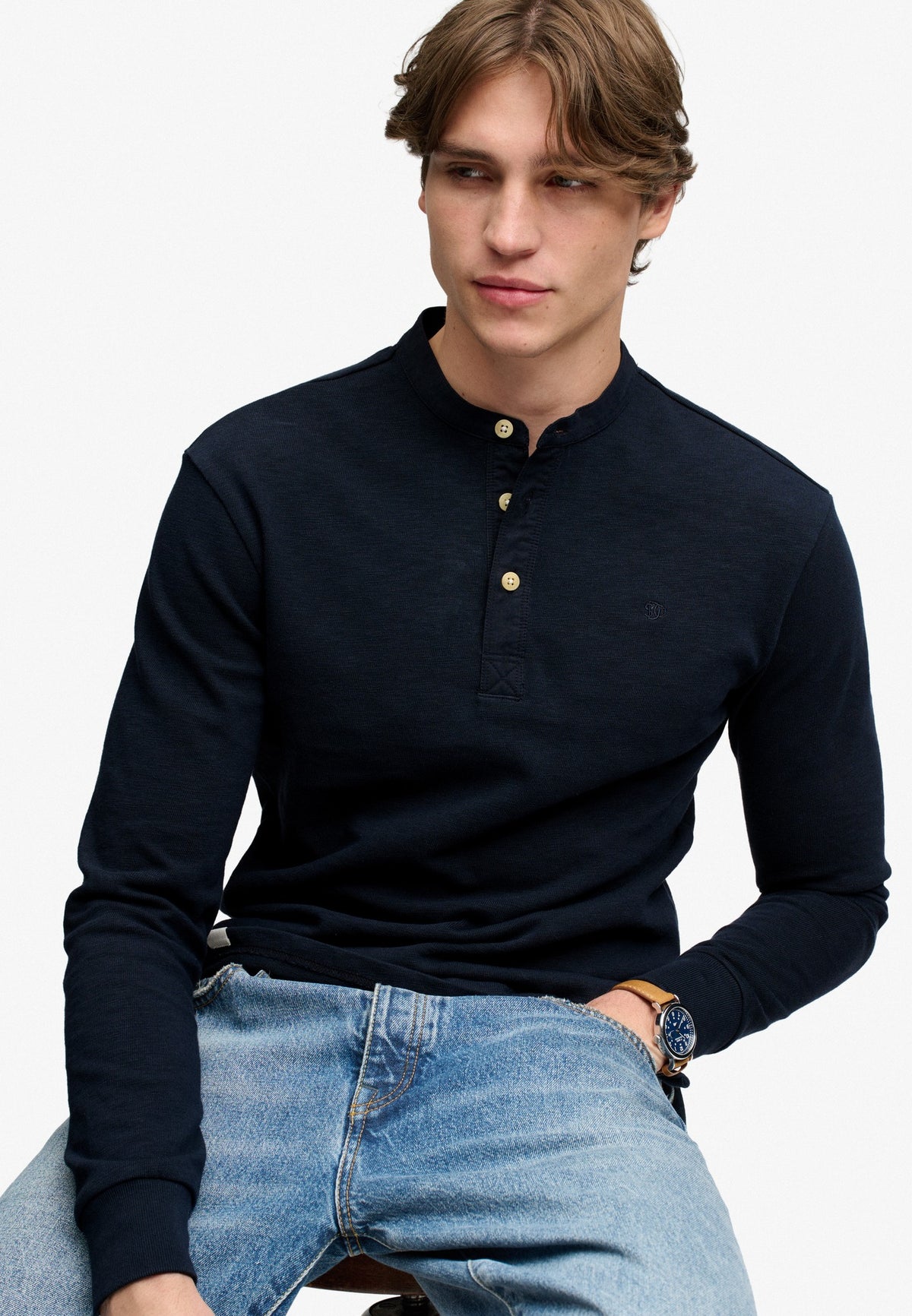 Superdry Woven Placket Grandad Top in Deep Navy seated view