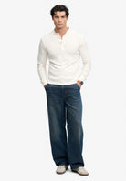 Superdry Woven Placket Grandad Top in Bone White full length view