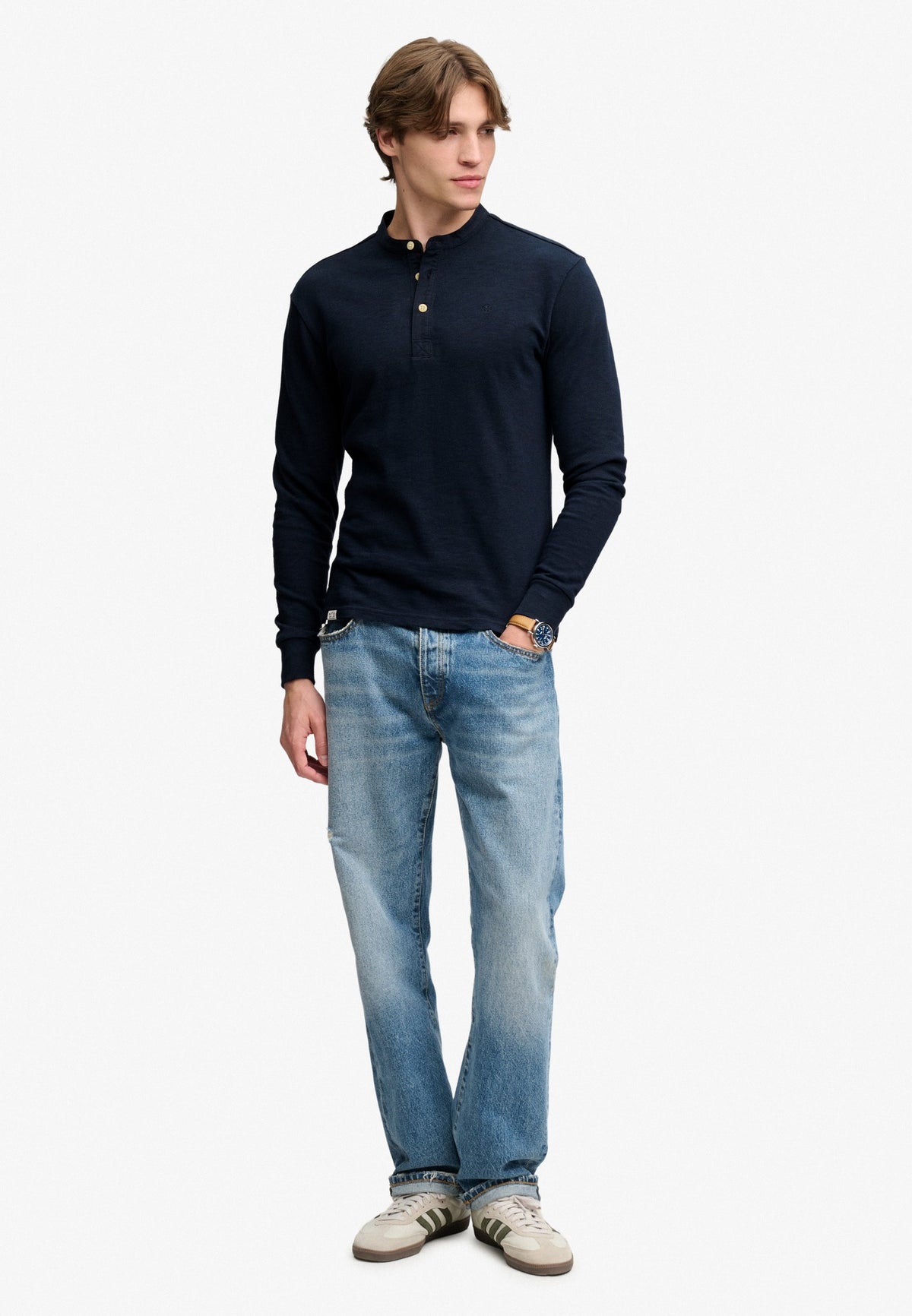 Superdry Woven Placket Grandad Top in Deep Navy full length view