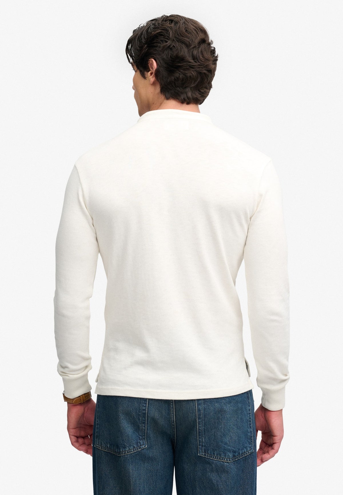 Superdry Woven Placket Grandad Top in Bone White back view on model